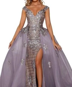 Portia And Scarlett - PS6094 Floral Sequined Lattice Overskirt Gown