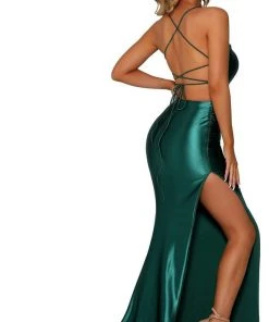 Portia And Scarlett - PS6306 Lace-Up Open Back Side Slit Evening Gown