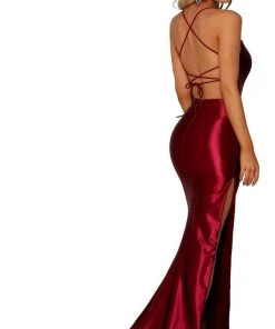 Portia And Scarlett - PS6306 Lace-Up Open Back Side Slit Evening Gown