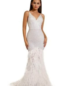 Portia And Scarlett - PS6826 V Neck Feathered Dress