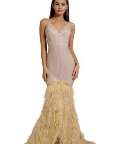 Portia And Scarlett - PS6826 V Neck Feathered Dress