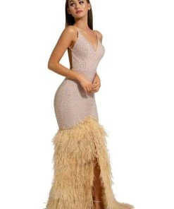 Portia And Scarlett - PS6826 V Neck Feathered Dress