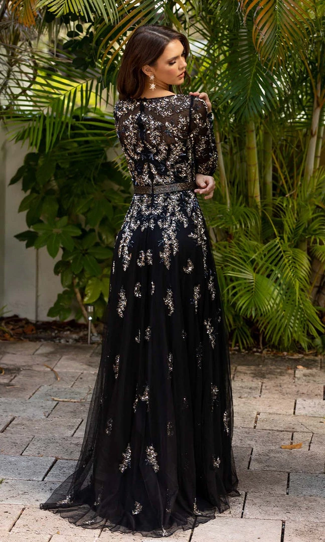 Primavera Couture - 11053 Bateau Neckline Long Sleeve Fully Embellished Dress 6 Primavera Couture - 11053 Bateau Neckline Long Sleeve Fully Embellished Dress