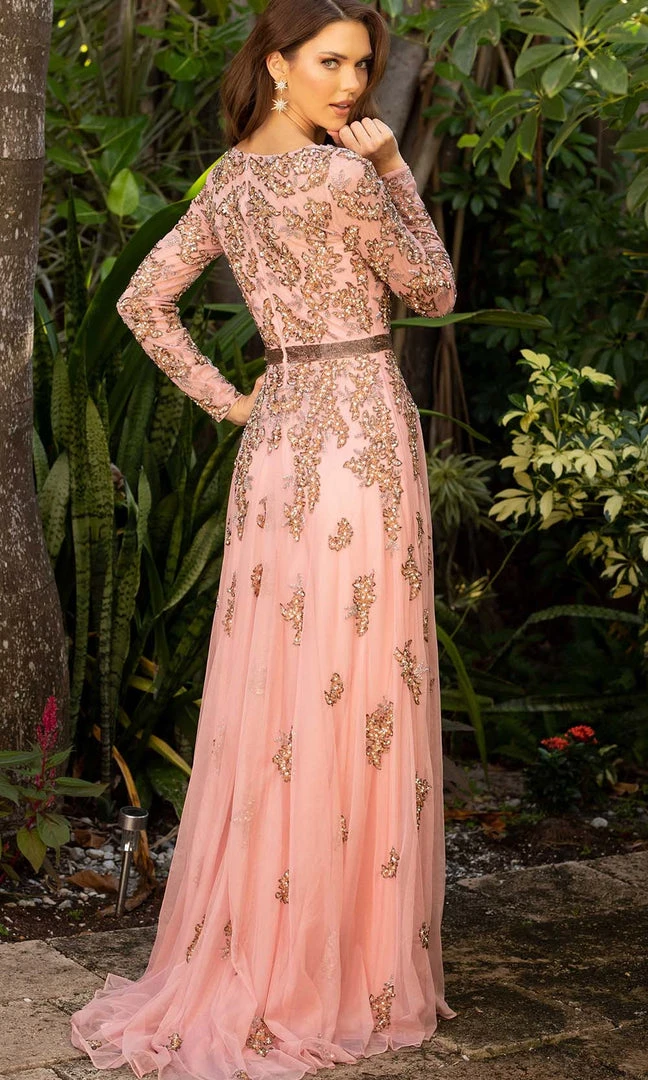 Primavera Couture - 11053 Bateau Neckline Long Sleeve Fully Embellished Dress 9 Primavera Couture - 11053 Bateau Neckline Long Sleeve Fully Embellished Dress