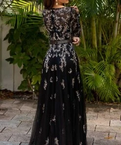 Primavera Couture - 11053 Bateau Neckline Long Sleeve Fully Embellished Dress 10 Primavera Couture - 11053 Bateau Neckline Long Sleeve Fully Embellished Dress