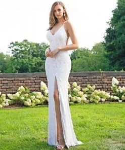 Primavera Couture - 3295 Sequined Scroll Motif High Slit Gown