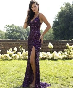 Primavera Couture - 3295 Sequined Scroll Motif High Slit Gown