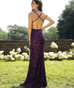 Primavera Couture - 3295 Sequined Scroll Motif High Slit Gown