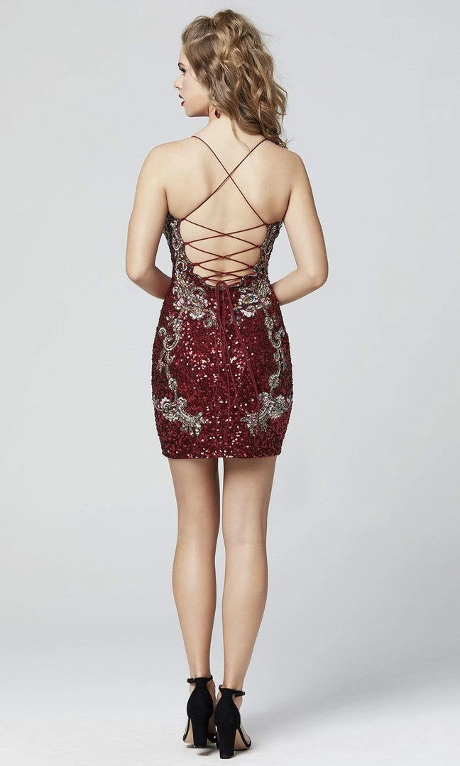 Primavera Couture - 3301 Plunging Lace Up Back Sequined Dress 7 Primavera Couture - 3301 Plunging Lace Up Back Sequined Dress