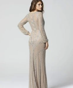 Primavera Couture - 3373 Embellished Long Sleeve Deep V-neck Dress