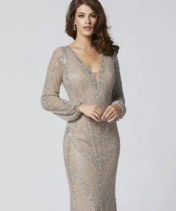 Primavera Couture - 3373 Embellished Long Sleeve Deep V-neck Dress