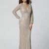 Primavera Couture - 3373 Embellished Long Sleeve Deep V-neck Dress 1 Primavera Couture - 3373 Embellished Long Sleeve Deep V-neck Dress