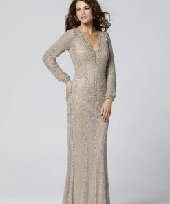 Primavera Couture - 3373 Embellished Long Sleeve Deep V-neck Dress
