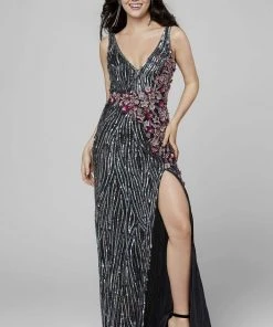 Primavera Couture - 3408 Sequined V-Neck Evening Dress