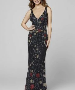 Primavera Couture - 3464 V-Neckline Sequin And Beads Sheath Dress