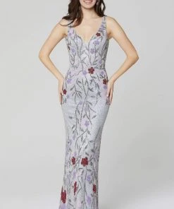 Primavera Couture - 3464 V-Neckline Sequin And Beads Sheath Dress