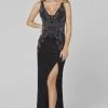 Primavera Couture - 3466 V-Neck Sequin High-Slit Sheath Dress 1 Primavera Couture - 3466 V-Neck Sequin High-Slit Sheath Dress