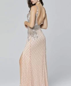 Primavera Couture - 3466 V-Neck Sequin High-Slit Sheath Dress