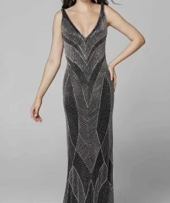 Primavera Couture - 3629 Embellished V Neck Long Sheath Dress