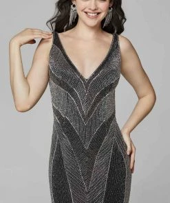 Primavera Couture - 3629 Embellished V Neck Long Sheath Dress