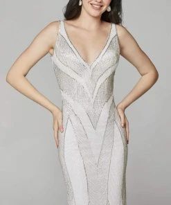 Primavera Couture - 3629 Embellished V Neck Long Sheath Dress