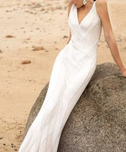 Primavera Couture - 3629 Embellished V Neck Long Sheath Dress