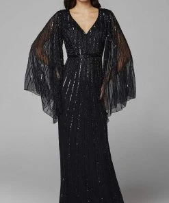 Primavera Couture - 3672 Sequined Long Bell Sleeve Sheath Dress