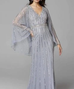 Primavera Couture - 3672 Sequined Long Bell Sleeve Sheath Dress