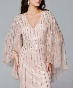 Primavera Couture - 3672 Sequined Long Bell Sleeve Sheath Dress