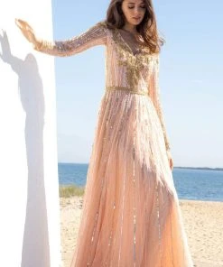 Primavera Couture - 3686 V Neck Sequined A-Line Gown