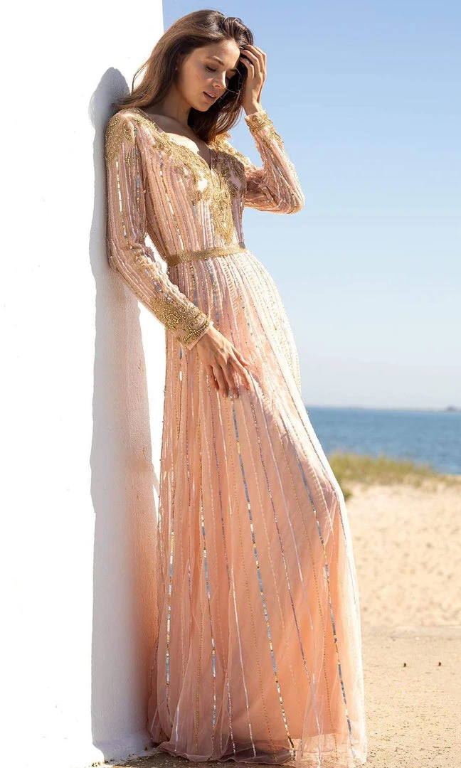 Primavera Couture - 3686 V Neck Sequined A-Line Gown 5 Primavera Couture - 3686 V Neck Sequined A-Line Gown