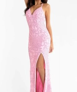 Primavera Couture - 3721 Beaded V-Neck With Slit Gown 48 Primavera Couture - 3721 Beaded V-Neck With Slit Gown