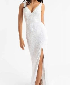 Primavera Couture - 3723 V-Neck Floral Pattern Beaded Gown