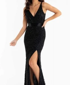 Primavera Couture - 3723 V-Neck Floral Pattern Beaded Gown