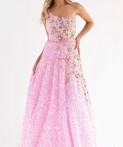 Primavera Couture - 3736 Fabulous Floral Sequined Pattern One Shoulder Ball Gown