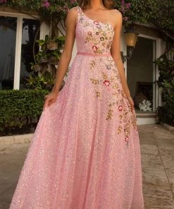 Primavera Couture - 3736 Fabulous Floral Sequined Pattern One Shoulder Ball Gown