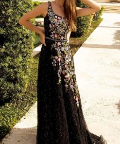 Primavera Couture - 3736 Fabulous Floral Sequined Pattern One Shoulder Ball Gown
