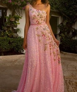 Primavera Couture - 3736 Fabulous Floral Sequined Pattern One Shoulder Ball Gown