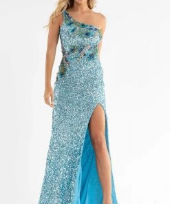 Primavera Couture - 3738 Asymmetrical Strappy Back Fully Sequined High Slit Trumpet Gown