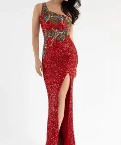 Primavera Couture - 3738 Asymmetrical Strappy Back Fully Sequined High Slit Trumpet Gown