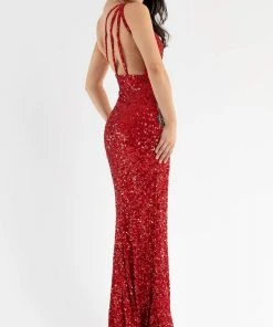 Primavera Couture - 3738 Asymmetrical Strappy Back Fully Sequined High Slit Trumpet Gown