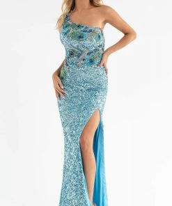 Primavera Couture - 3738 Asymmetrical Strappy Back Fully Sequined High Slit Trumpet Gown