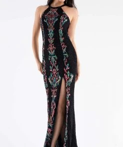 Primavera Couture - 3742 Halter Neckline Open Strappy Back Prom Dress