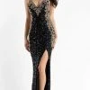 Primavera Couture - 3765 Unique Style Contrasting Sequins V Neckline Evening Gown 1 Primavera Couture - 3765 Unique Style Contrasting Sequins V Neckline Evening Gown