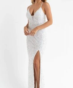 Primavera Couture - 3767 Plunging V Neckline Sequined High Slit Evening Gown 20 Primavera Couture - 3767 Plunging V Neckline Sequined High Slit Evening Gown