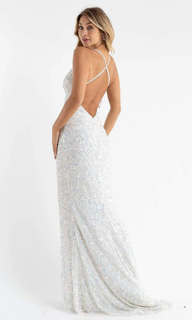 Primavera Couture - 3767 Plunging V Neckline Sequined High Slit Evening Gown 9 Primavera Couture - 3767 Plunging V Neckline Sequined High Slit Evening Gown