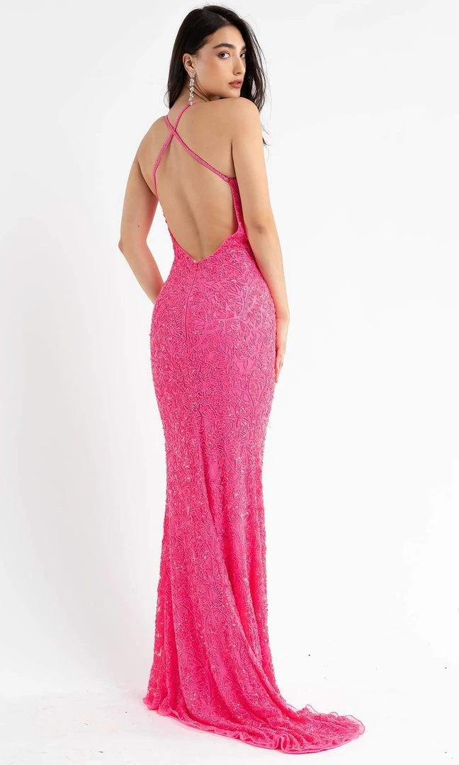 Primavera Couture - 3767 Plunging V Neckline Sequined High Slit Evening Gown 13 Primavera Couture - 3767 Plunging V Neckline Sequined High Slit Evening Gown