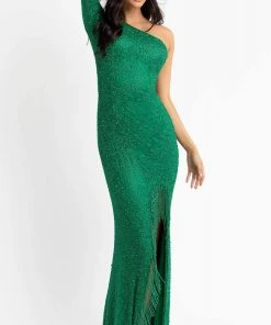 Primavera Couture - 3773 Beaded Asymmetrical One Long Sleeve Gown