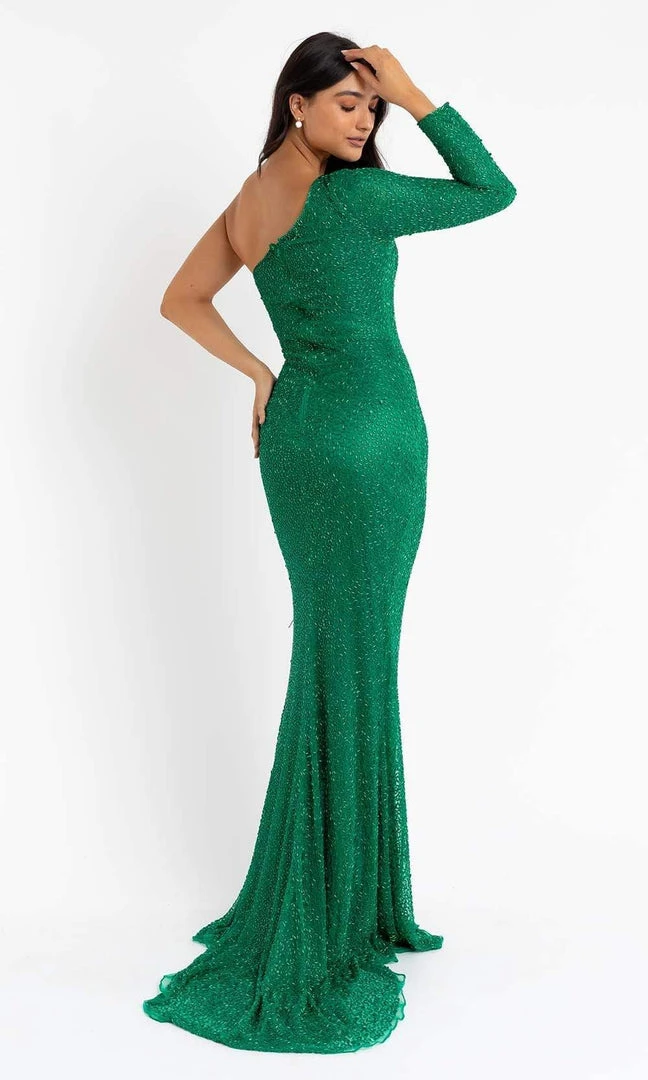 Primavera Couture - 3773 Beaded Asymmetrical One Long Sleeve Gown 4 Primavera Couture - 3773 Beaded Asymmetrical One Long Sleeve Gown
