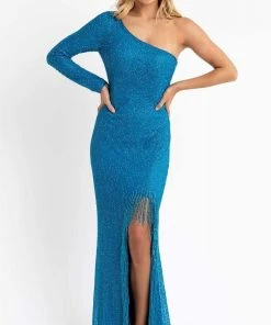 Primavera Couture - 3773 Beaded Asymmetrical One Long Sleeve Gown 27 Primavera Couture - 3773 Beaded Asymmetrical One Long Sleeve Gown